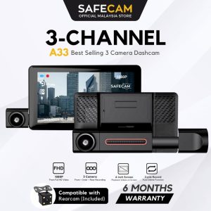 SAFECAM A33 Triple Lens 3 Camera 1080P Dashcam Front Cam + Inner Cam + Rear Cam