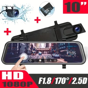 10 Inch IPS Dual Car Camera Dash Cam - 1080P, Touch Screen, Rearview Mirror